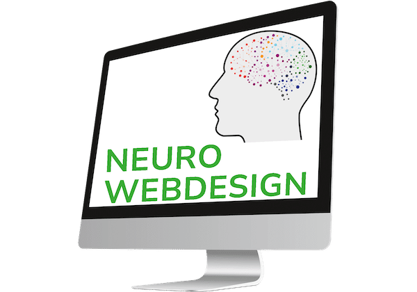 Desktopcomputer mit der Aufschrift NeuroWebdesign sowie ein Kopf mit Punkte als Neuronen angedeutet.
